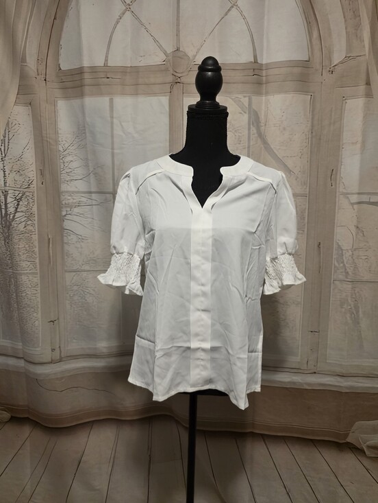 Kohl's Tops - Kohl's White Smocked Short Sleeve V-Notch Blouse